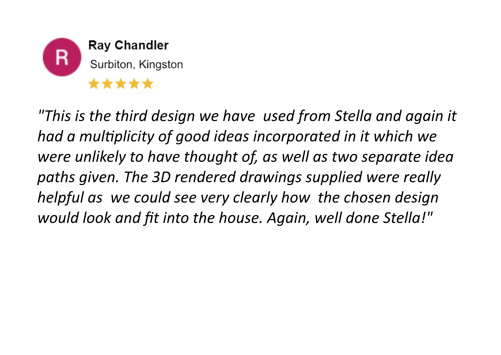 5 star review for the Front Porch, Extension and Loft Conversion in Surbiton, Kingston designed by Stella Kordista, RIBA Architect