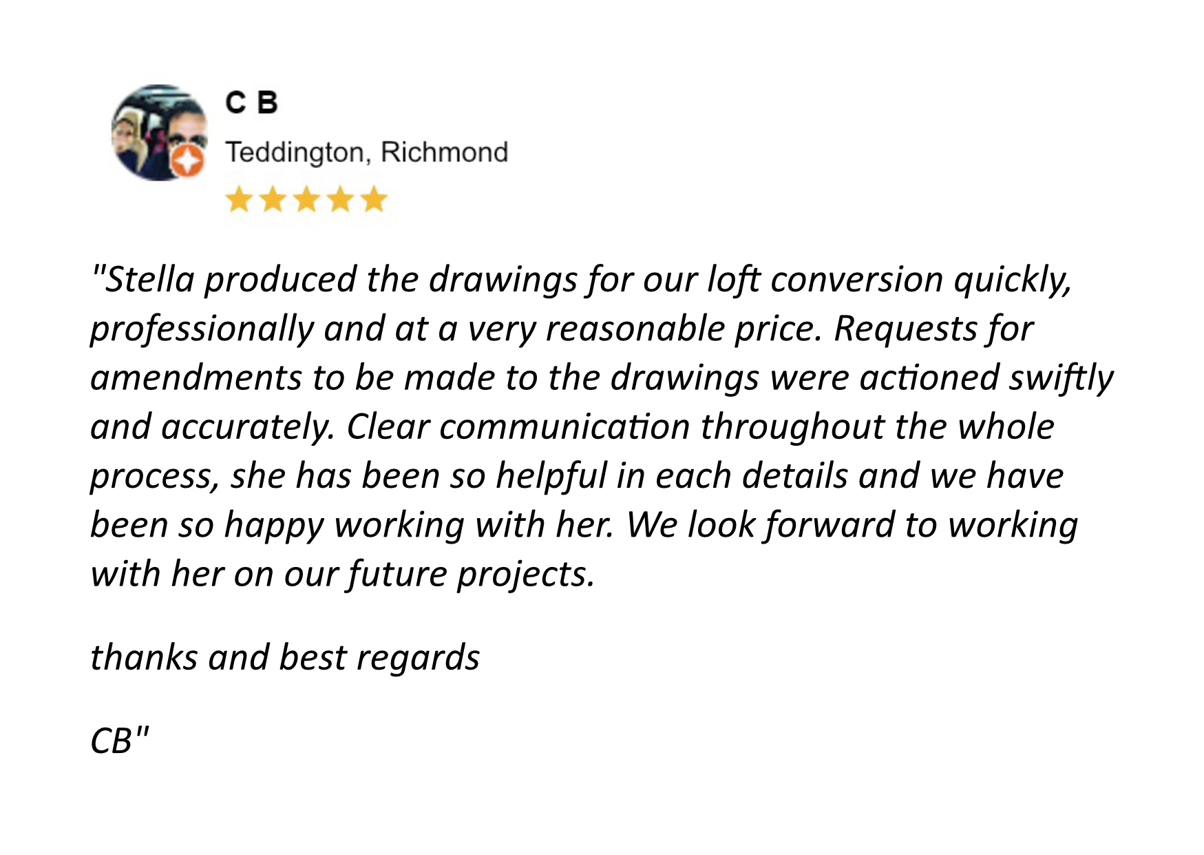 5 star review for the Loft Conversion in Teddington, Richmond designed by Stella Kordista, RIBA Architect