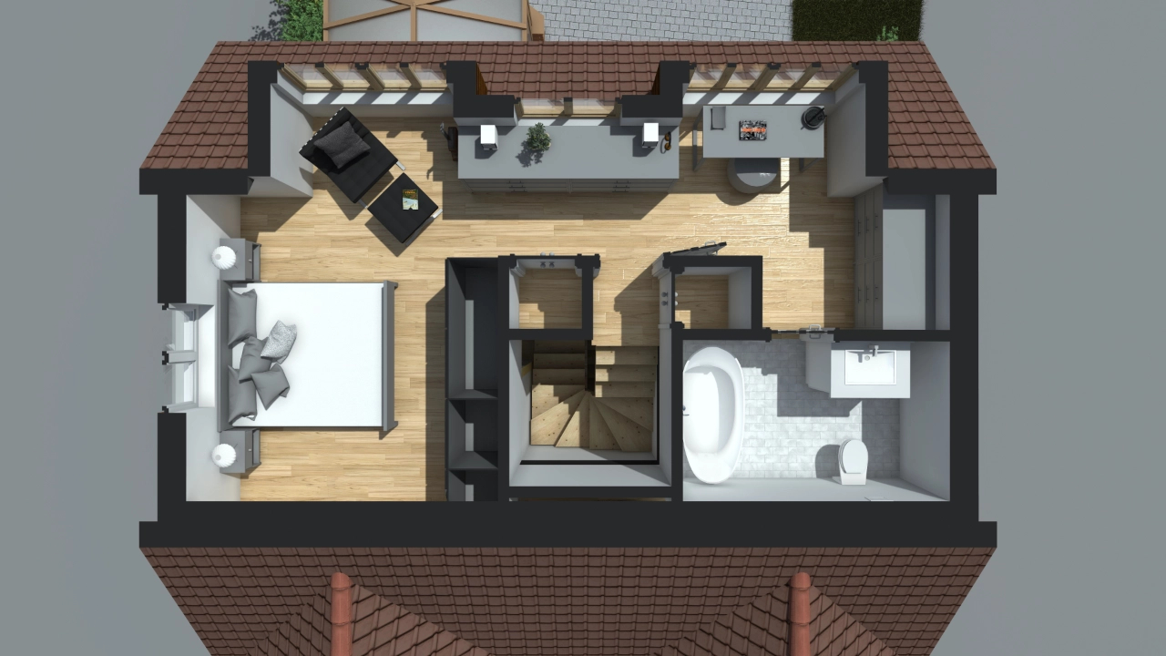 Residence in Bromley London - Loft Conversion and First Floor Extension- 3D Modelling and Rendering Second Floor Layout Perspective - Designed by Stella Kordista RIBA and ARB Architect