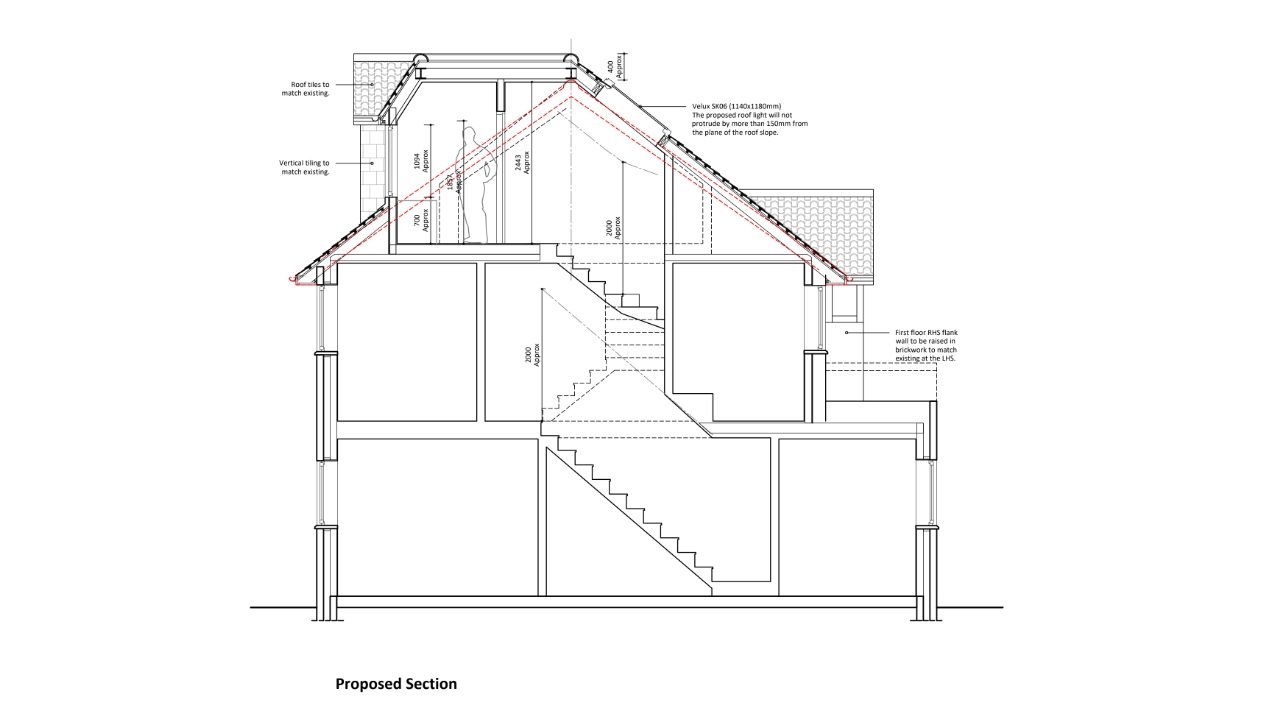 Residence in Bromley London - Loft Conversion and First Floor Extension - Architectural Drawings Proposed Section - Designed by Stella Kordista RIBA and ARB Architect
