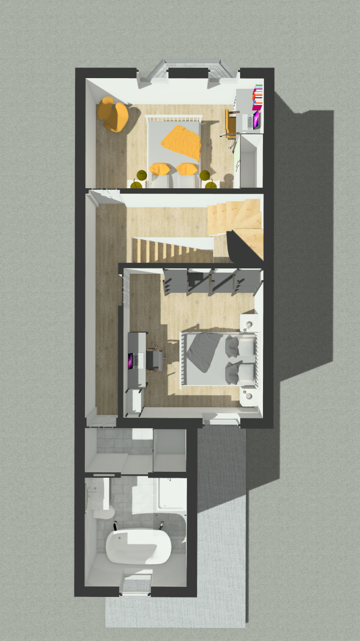 Residence in Teddington, London – 3D Modelling & Rendering Proposed First Floor Plan Layout Perspective – Designed by Stella Kordista RIBA and ARB Architect Residence in Teddington, London - 3D Modelling & Rendering Proposed First Floor Plan Layout Perspective - Designed by Stella Kordista RIBA and ARB Architect