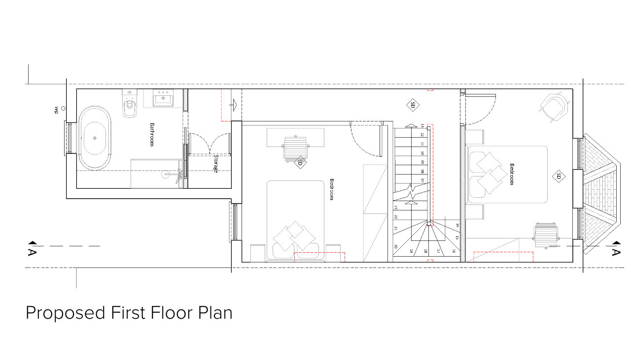 Residence in Teddington, London – Architectural Drawings Proposed First Floor Plan – Designed by Stella Kordista RIBA ARB and Architect Residence in Teddington, London - Architectural Drawings Proposed First Floor Plan - Designed by Stella Kordista RIBA ARB and Architect