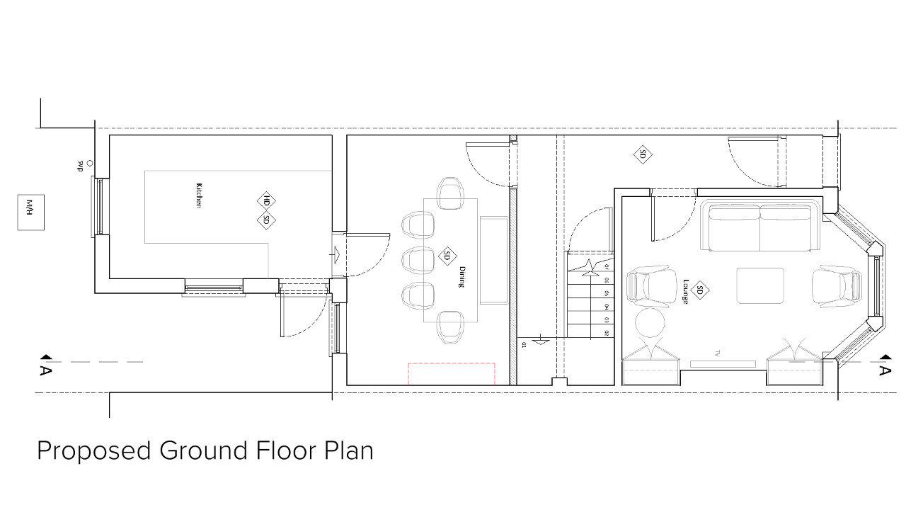 Residence in Teddington, London – Architectural Drawings Proposed Ground Floor Plan – Designed by Stella Kordista RIBA ARB and Architect Residence in Teddington, London - Architectural Drawings Proposed Ground Floor Plan - Designed by Stella Kordista RIBA ARB and Architect