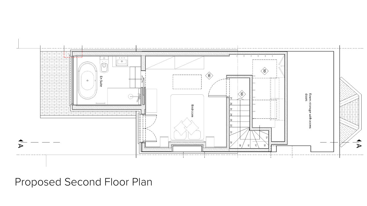 Residence in Teddington, London – Architectural Drawings Proposed Second Floor Plan (Loft Conversion) – Designed by Stella Kordista RIBA and ARB Architect Residence in Teddington, London - Architectural Drawings Proposed Second Floor Plan (Loft Conversion) - Designed by Stella Kordista RIBA and ARB Architect